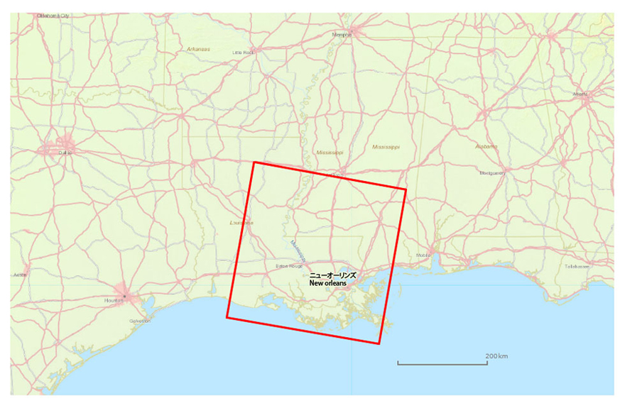 図6: 2016年1月16日のPALSAR-2によるミシシッピ川流域の観測範囲 (赤枠) 