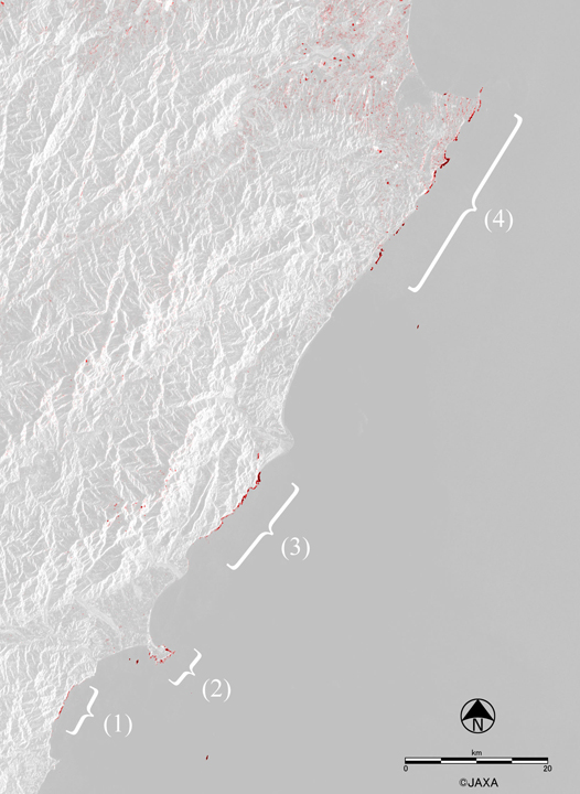 図3:  2016年10月18日と同年11月15日の画像から画像処理によって検出された海岸線の変化箇所