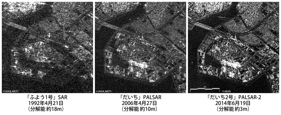 図2:「だいち2号」搭載PALSAR-2とこれまでの衛星の観測画像（浦安市 東京ディズニーリゾート周辺）の比較、左:ふよう1号SAR(1992年4月21日観測、分解能約18m)、中:だいちPALSAR(2006年4月27日観測、分解能約10m)、右:だいち2号PALSAR-2(2014年6月19日観測、分解能約3m)