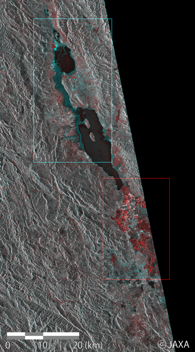 図6: 「だいち2号」搭載PALSAR-2観測による2015年8月6日に高分解能モード（分解能10m）で取得された画像と、洪水前の2014年9月18日に同じ条件で取得された画像とを色合成したミャンマー・シャン州タウンジー県周辺。