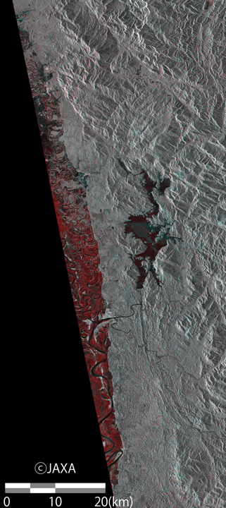 図7: 「だいち2号」搭載PALSAR-2観測による2015年8月6日に高分解能モード（分解能10m）で取得された画像と、洪水前の2014年9月18日に同じ条件で取得された画像とを色合成したミャンマー・バゴー地区周辺。