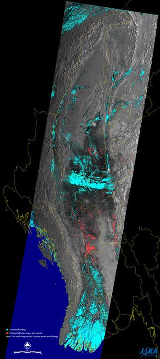 図3(右):「だいち2号」搭載PALSAR-2観測によるミャンマー・サガイン州、マグウェ州周辺の画像（画像処理により、浸水によってできた水面（水色）と、森林部や都市部の浸水（赤色）を推定したもの）