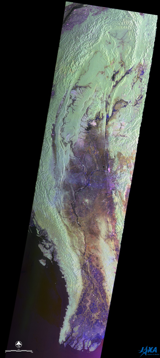 図3(左):「だいち2号」搭載PALSAR-2観測によるミャンマー・サガイン州、マグウェ州周辺の画像（洪水後のHH偏波を赤、洪水後のHV偏波を緑、洪水前のHH偏波を青に割り当てて合成した偏波カラー合成画像）