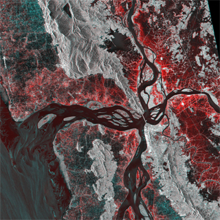 PALSAR-2観測の2015年8月6日高分解能モード（分解能10m）で取得された画像と洪水前の2014年9月18日に同じ条件で取得された画像を色合成した画像。ミャンマー・モン州モーラミャイン周辺