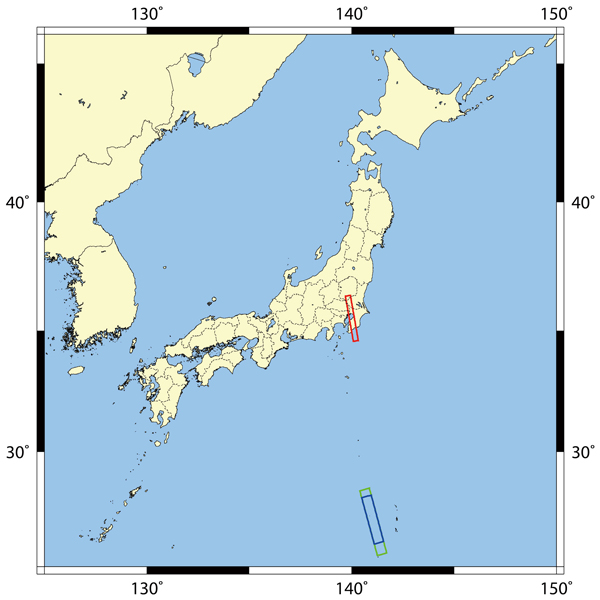2014年6月22日のPALSAR-2観測範囲の地図。赤枠が2014年6月22日東京の観測範囲。青枠が2014年6月20日の西ノ島の観測範囲。緑枠が2014年7月4日の西ノ島の観測範囲