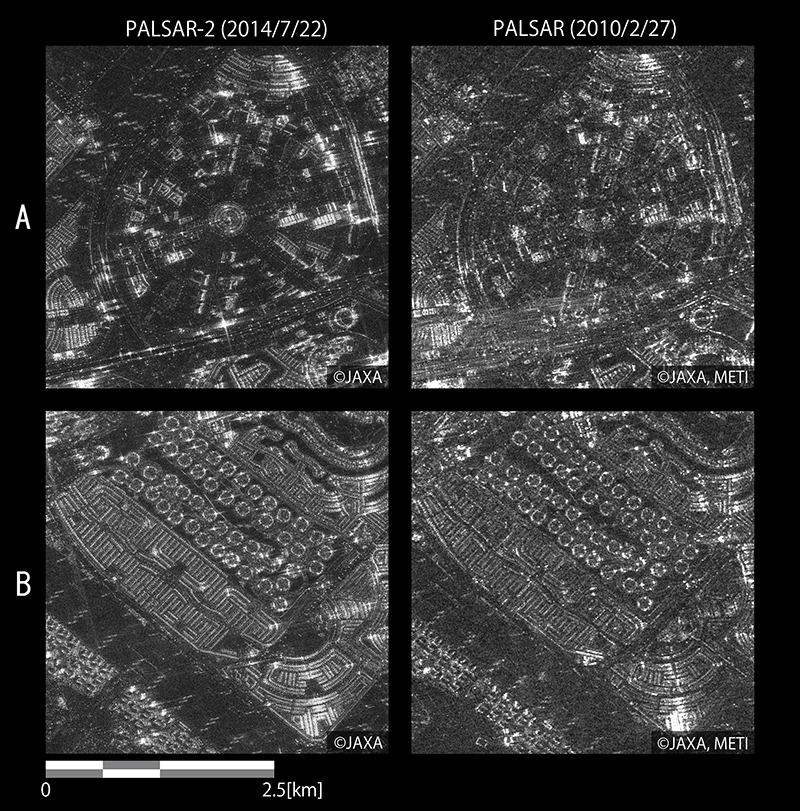 図7: PALSAR-2（左）とPALSAR（右）観測画像の比較 (左：2014年7月22日観測、右：2010年2月27日観測）