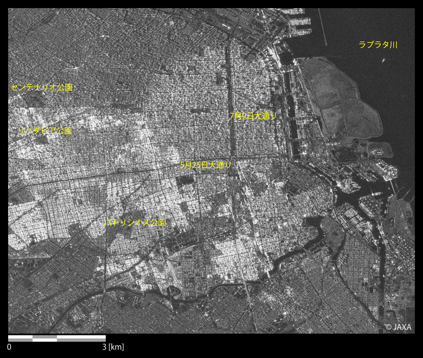 図7: 2014年7月20日のPALSAR-2観測画像によるアルゼンチンの首都ブエノスアイレス市街