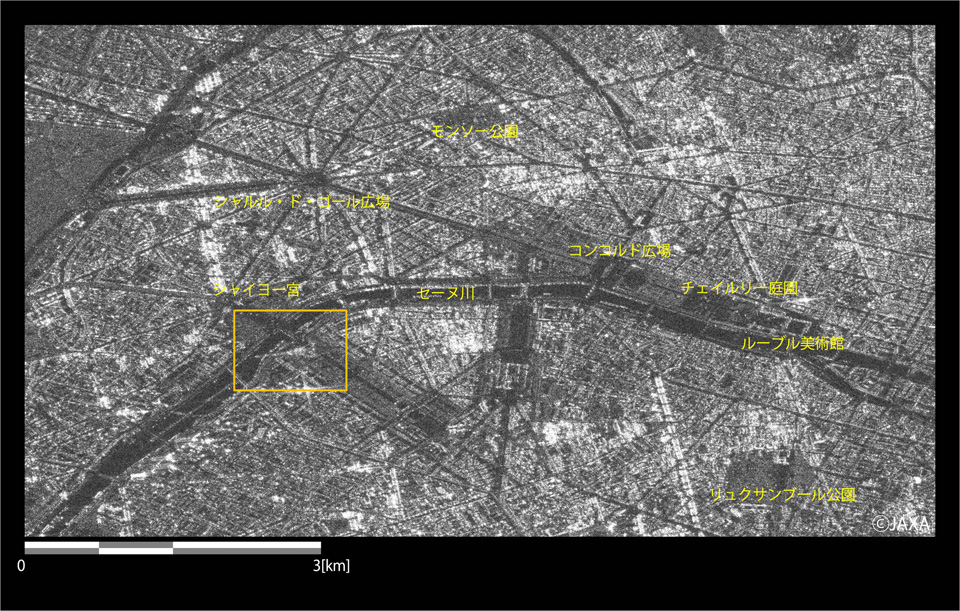 図3: 2014年6月29日のPALSAR-2観測画像によるフランスの首都パリ市街