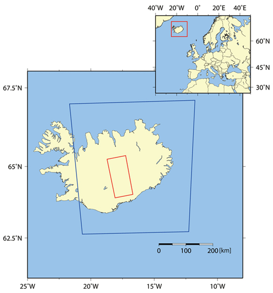 Fig.1: the observed areas in Iceland. A blue rectangle was observed by ScanSAR mode with a swath of 350 km, whereas a red rectangle was observed by Stripmap mode with a spatial resolution of 10 m.