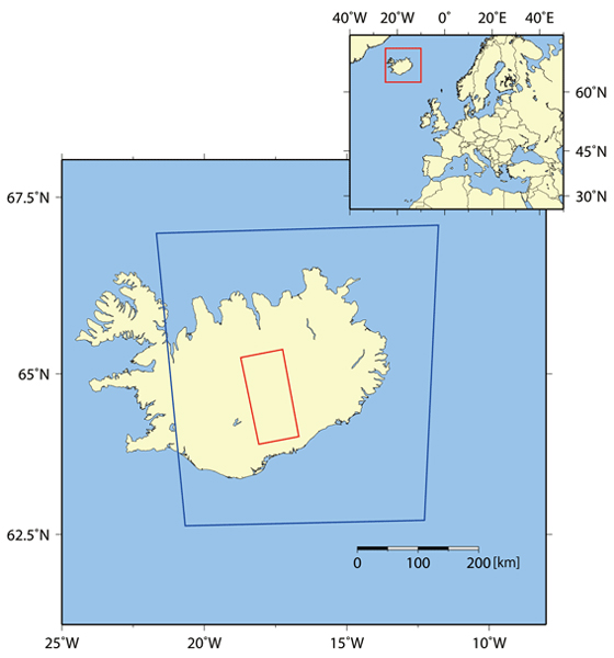 図1: PALSAR-2の観測範囲を示す。図中の青枠の範囲が広域観測(350km)モード、赤枠の範囲が高分解能(10m)モード