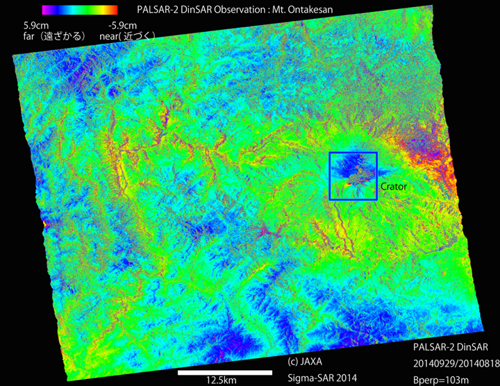 図7:2014年8月18日と9月27日のPALSAR-2データによる御嶽山付近の干渉画像