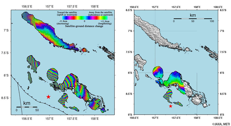 図1: (左) 2007年ソロモン諸島地震のPALSAR干渉画像。 (右) 2010年ソロモン諸島地震のPALSAR干渉画像。