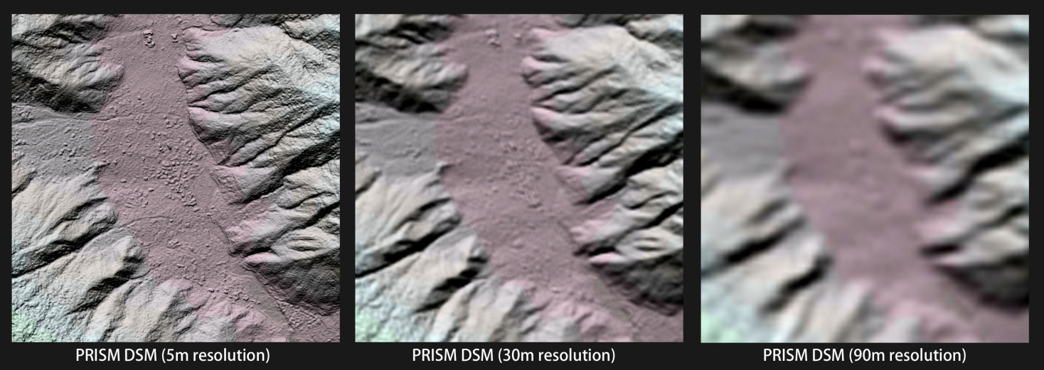 図2: 整備するデジタル3D地図の5m解像度の数値標高モデルの例(左)。参考として、5m解像度から30m解像度(中央)、90m解像度(右)を模擬した数値標高モデルの比較