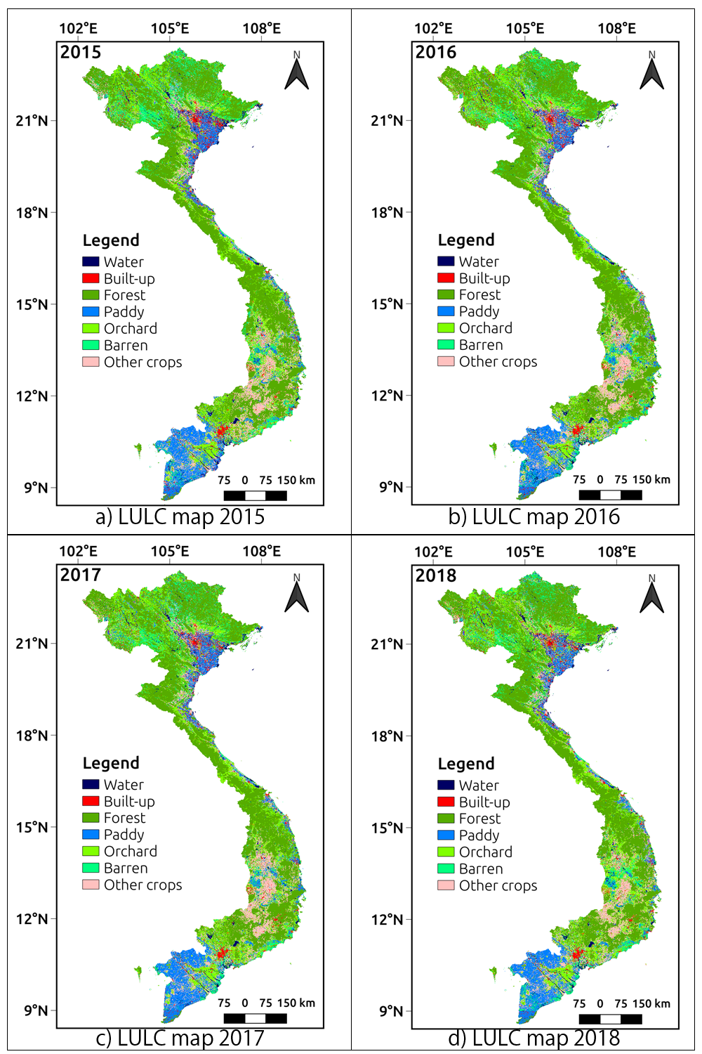 Figure 1: LULC maps in Vietnam from 2015 to 2018.