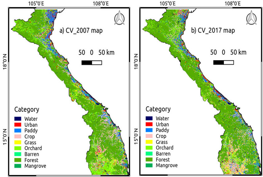 Figure 1: The 2007 land cover map (a) and the 2017 land cover map (b).
