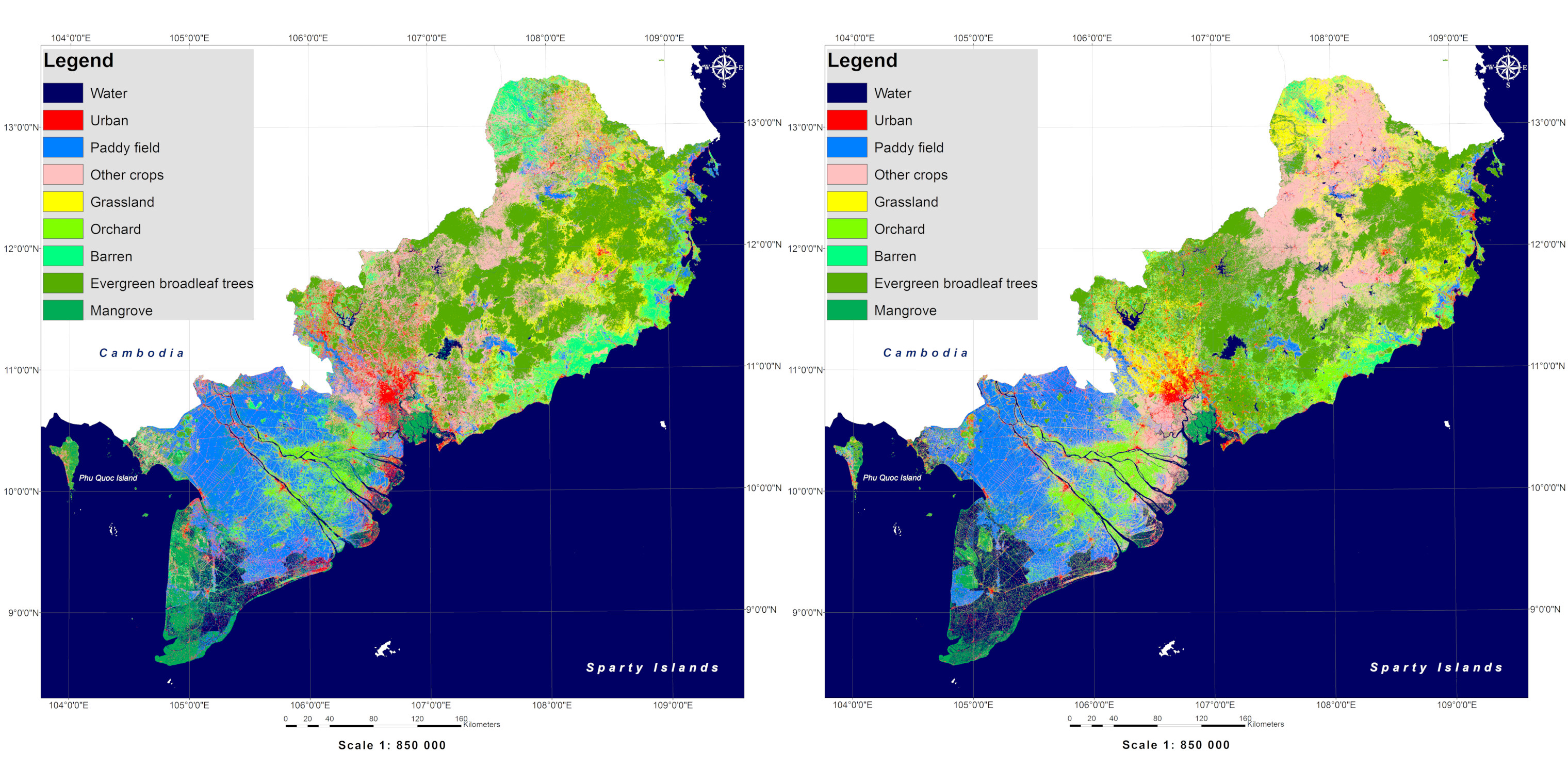 Figure 1: The 2007 land cover map (left) and the 2017 land cover map (right).