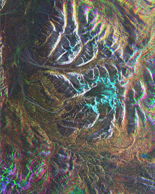 Overlaid image of JERS-1 SAR obtained in January (blue), May (green), and August (red), 1993.