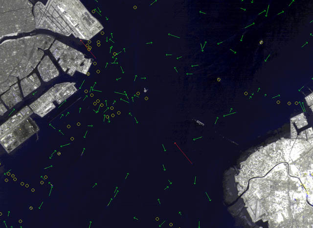 Measurement of ship velocity vector with JERS-1 OPS (Sep. 9, 1992).