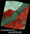 Observation Results of ALOS/AVNIR-2, enlarged image of the swollen rivers in Kashmore on September 6, 2010 (4,900 square kilometers).