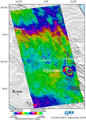 Observation Results of ALOS/PALSAR relating to the magnitude 6.3 Earthquake in Central Italy. Figure is an interferogram generated from PALSAR data acquired before (July 20, 2008) and after (April 22, 2009) the earthquake using the DInSAR technique.