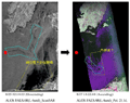 Oil spill detected with PALSAR, near the central Philippines island of Guimaras. Left - ScanSAR image. Right - Polarimetry image (HH, Red; HV, Green; VV, blue).