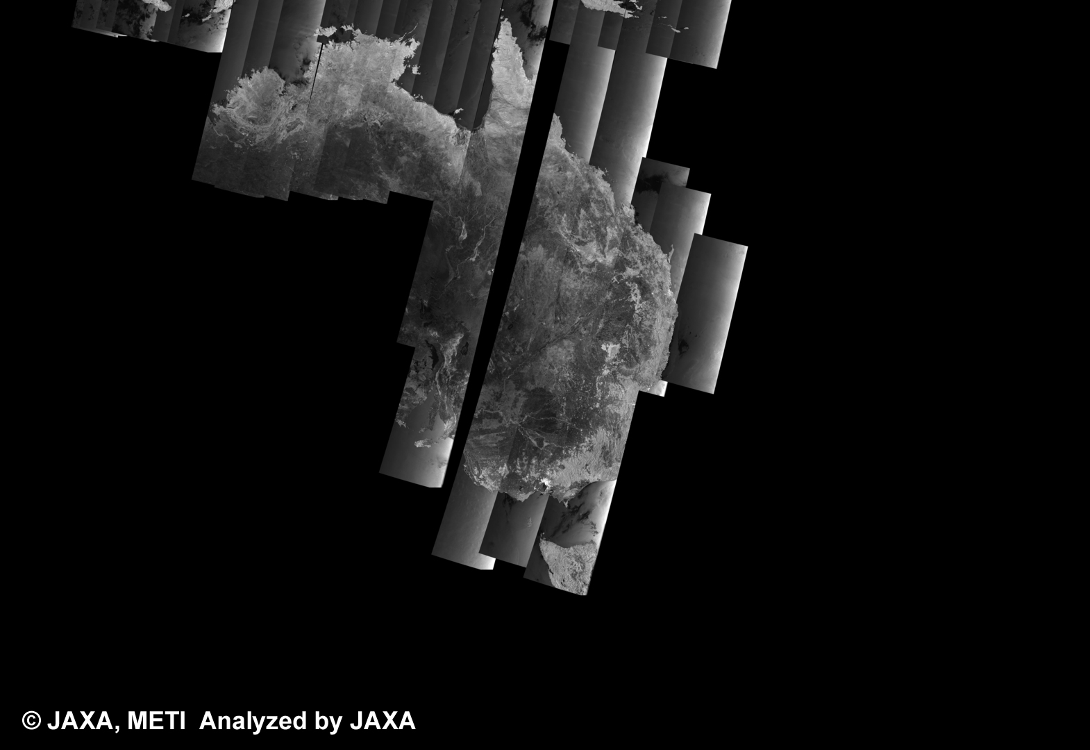 Fig. 10: PALSAR 500m Browse Mosaic (WB1/HH) of AUSTRALIA for cycle34 (Mar. 15, 2010 ~ Apr. 29, 2010).