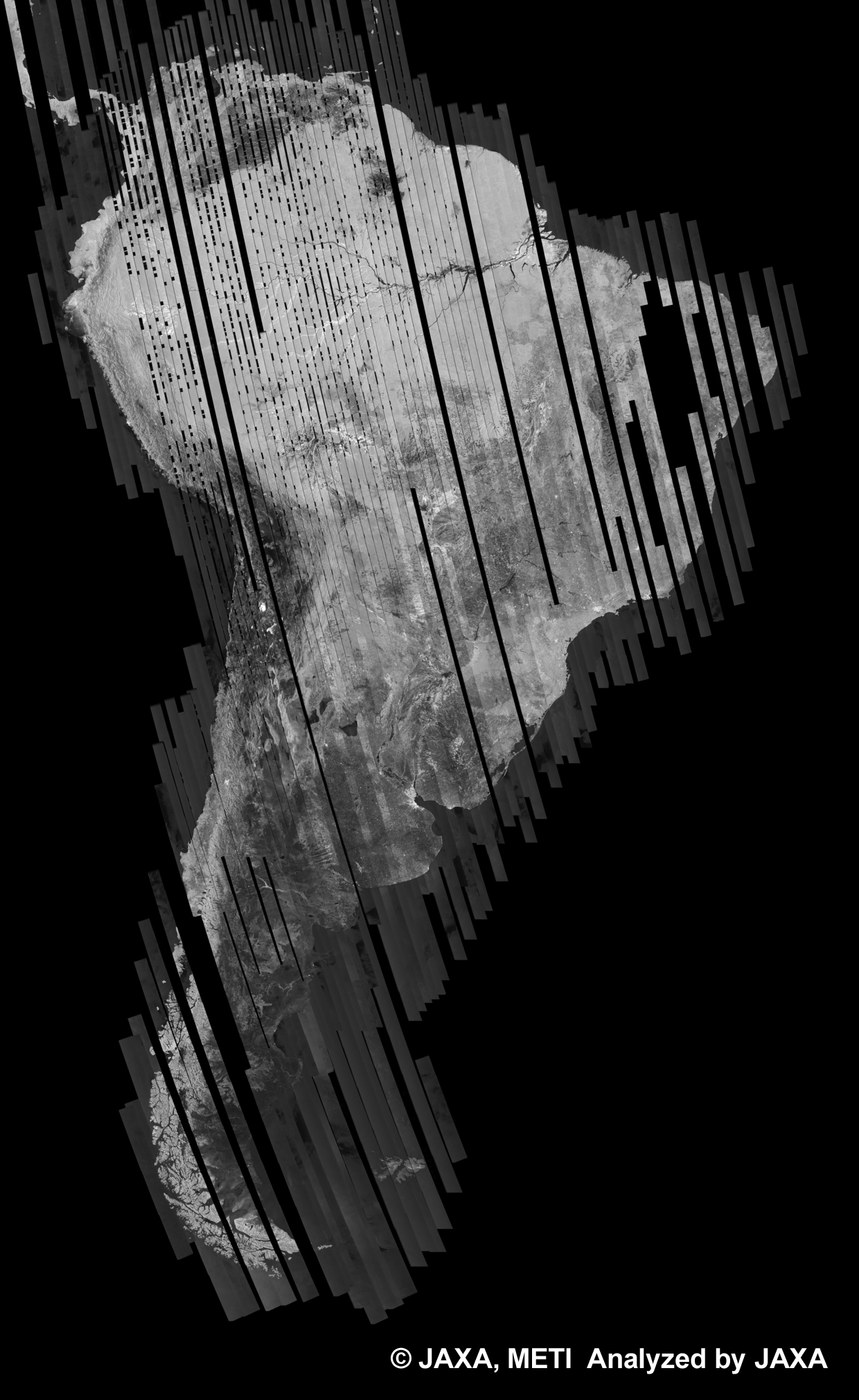 Fig. 15: PALSAR 500m Browse Mosaic (FBS/HH) of SOUTH AMERICA for cycle34 (Mar. 15, 2010 ~ Apr. 29, 2010).