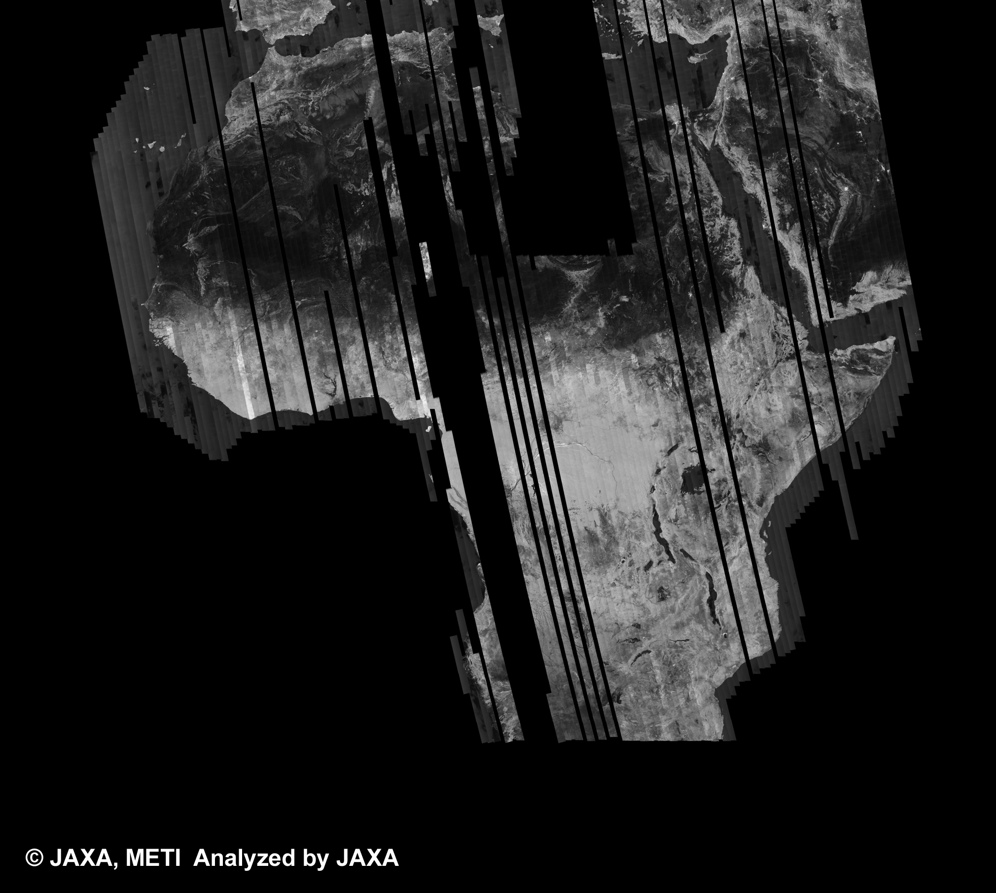 Fig. 1: PALSAR 500m Browse Mosaic (FBD/HH) of AFRICA for cycle35 (Apr. 30, 2010 ~ Jun. 14, 2010).