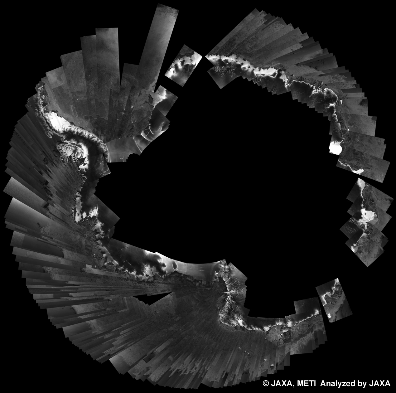 Fig. 4: PALSAR 500m Browse Mosaic (WB1/HH) of ANTARCTICA for cycle35 (Apr. 30, 2010 ~ Jun. 14, 2010).