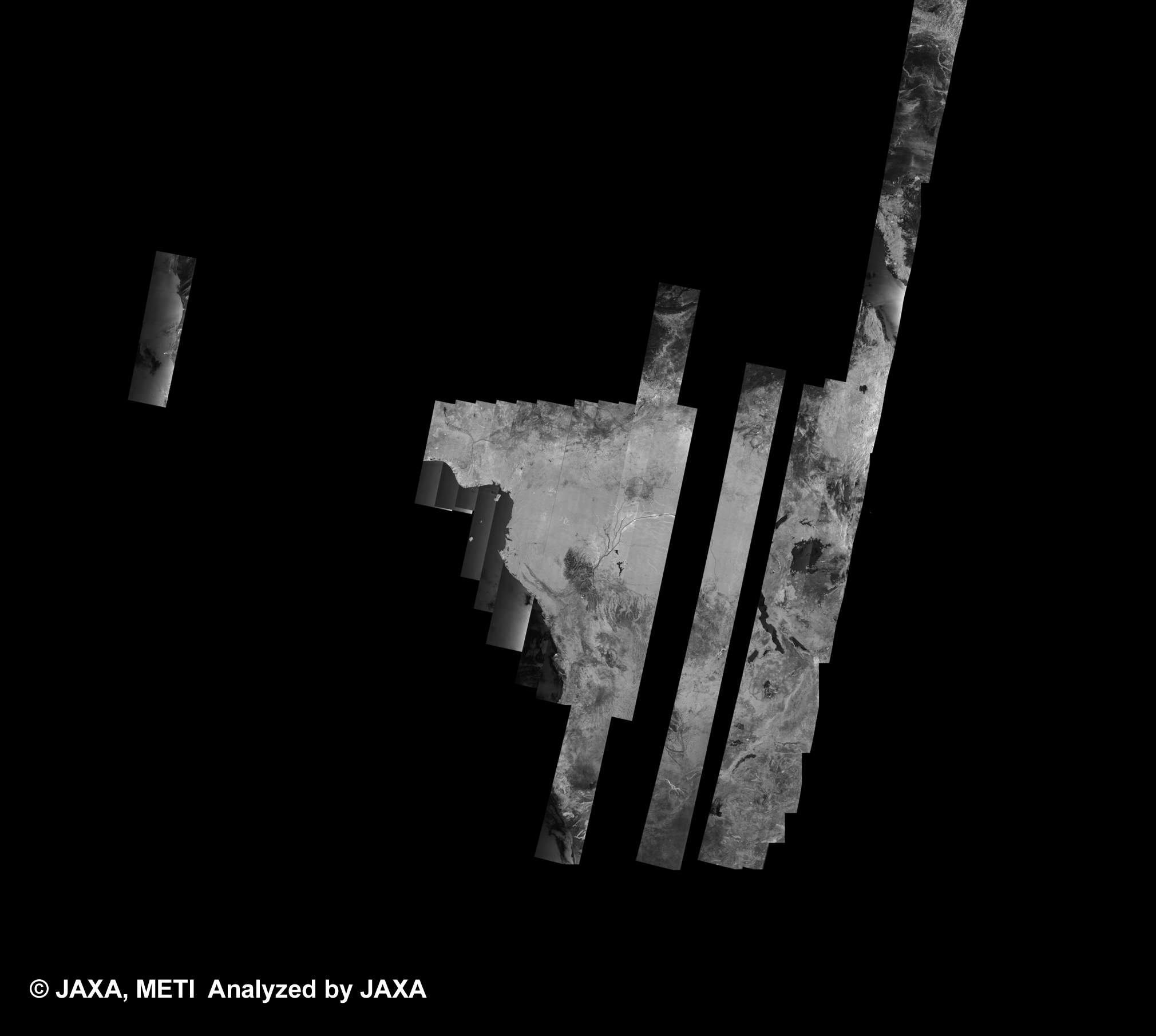 Fig. 2: PALSAR 500m Browse Mosaic(WB1/HH) of AFRICA for cycle36 (Jun. 15, 2010 ~ Jul. 30, 2010).