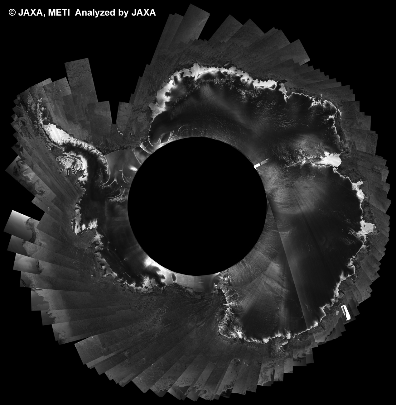 Fig. 5: PALSAR 500m Browse Mosaic (WB1/HH) of ANTARCTICA for cycle37 (Jul. 31, 2010 ~ Sep. 14, 2010).