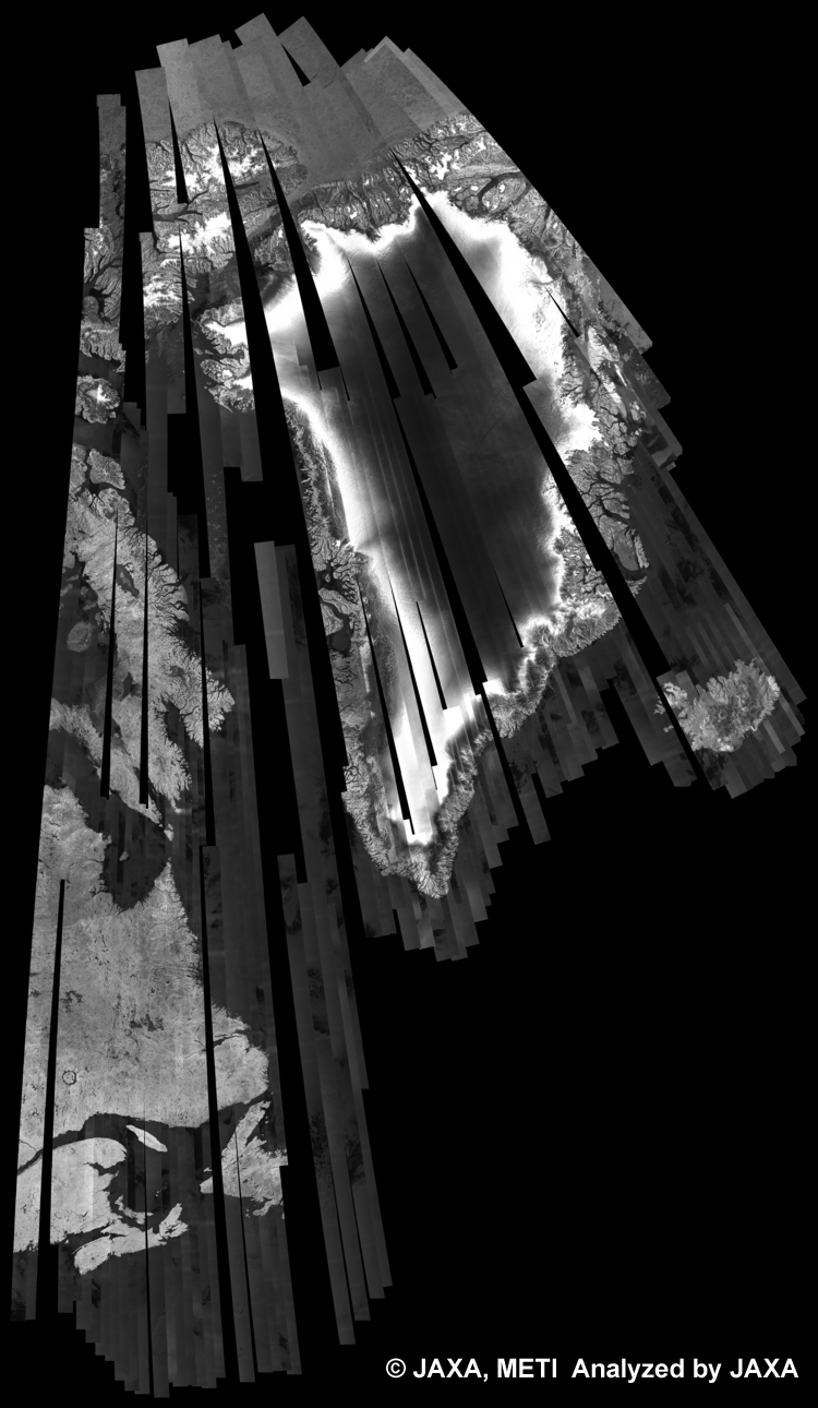 Fig. 13: PALSAR 500m Browse Mosaic (FBD/HH) of GREENLAND for cycle37 (Jul. 31, 2010 ~ Sep. 14, 2010).