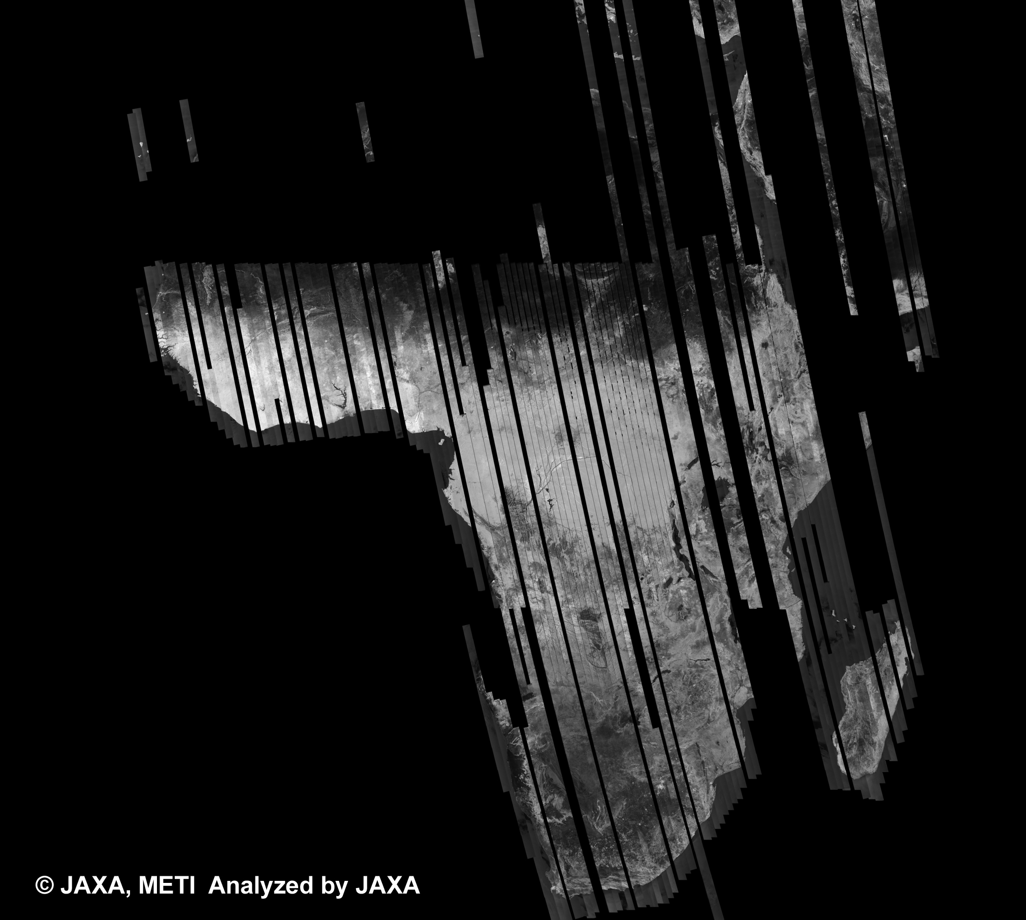 Fig. 1: PALSAR 500m Browse Mosaic (FBD/HH Ascending) of AFRICA for cycle38 (Sep. 15, 2010 ~ Oct. 30, 2010).