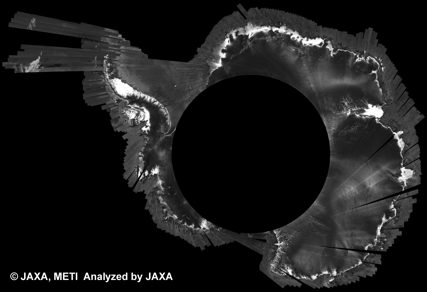 Fig. 3: PALSAR 500m Browse Mosaic (FBS/HH Ascending) of ANTARCTICA for cycle38 (Sep. 15, 2010 ~ Oct. 30, 2010).