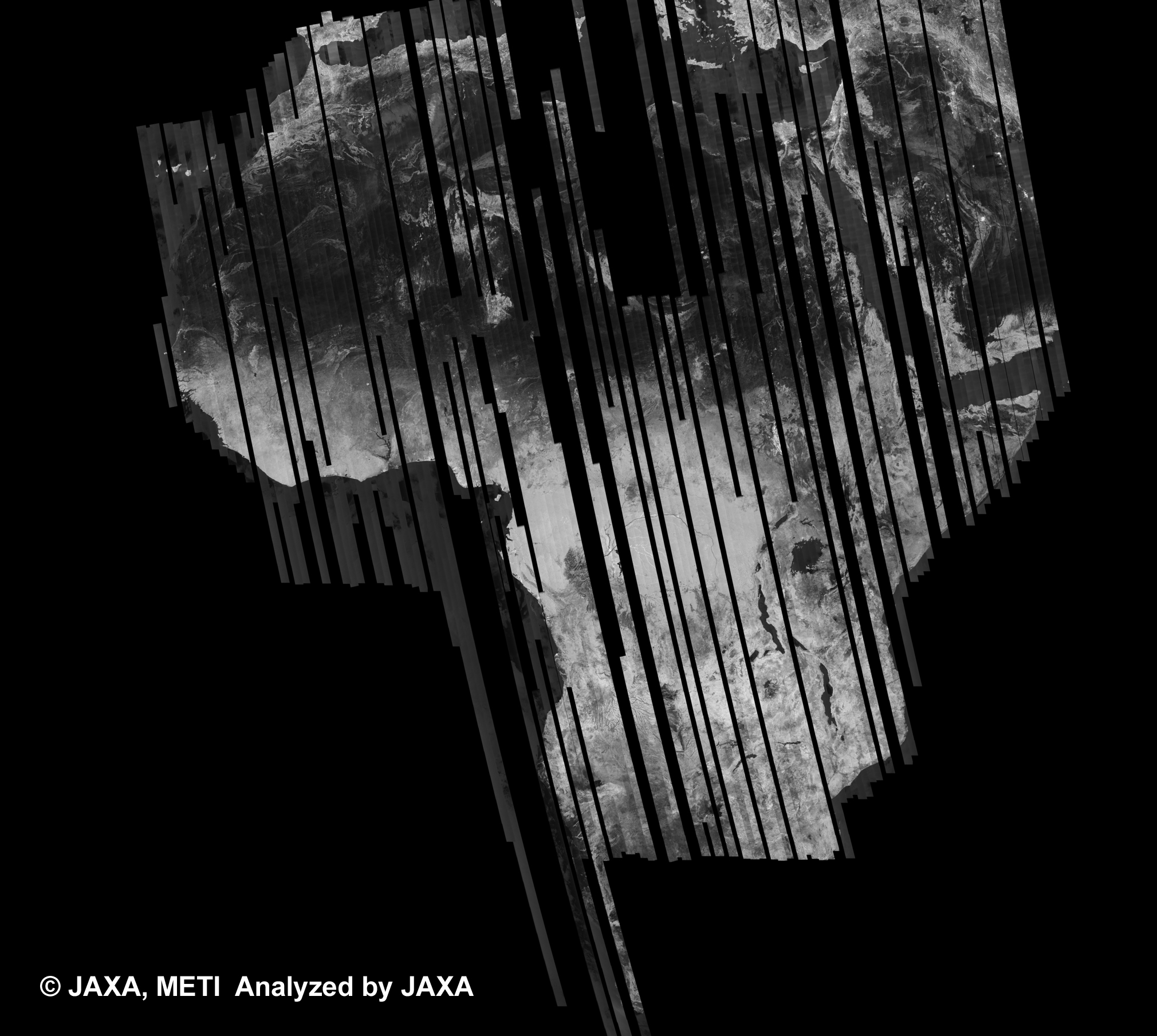 Fig. 2: PALSAR 500m Browse Mosaic (FBS/HH Ascending) of AFRICA for cycle40 (Dec. 16, 2010 ~ Jan. 30, 2011).