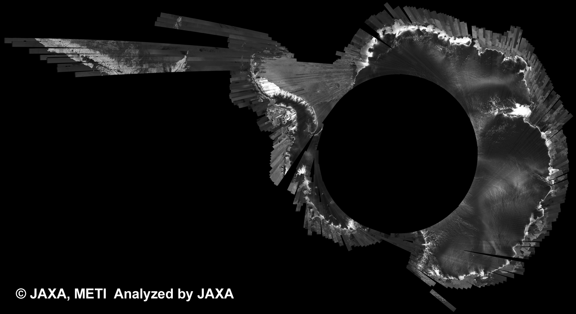 Fig. 2: PALSAR 500m Browse Mosaic (FBS/HH Descending) of ANTARCTICA for cycle40 (Dec. 16, 2010 ~ Jan. 30, 2011).