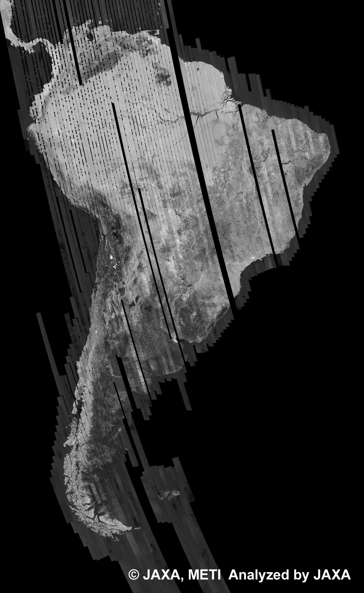 Fig. 12: PALSAR 500m Browse Mosaic (FBS/HH Ascending) of SOUTH AMERICA for cycle40 (Dec. 16, 2010 ~ Jan. 30, 2011).