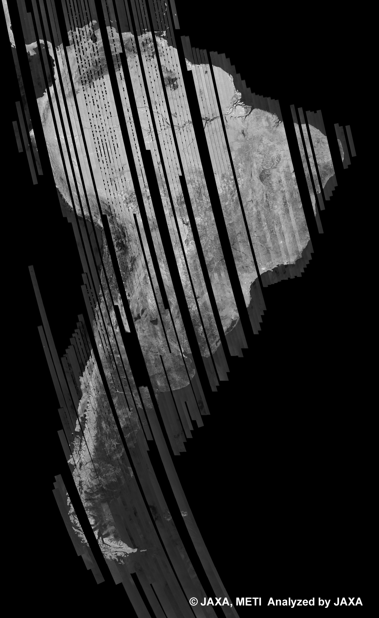 Fig. 10: PALSAR 500m Browse Mosaic (FBS/HH Ascending) of SOUTH AMERICA for cycle41 (Jan. 31, 2011 ~ Mar. 17, 2011)