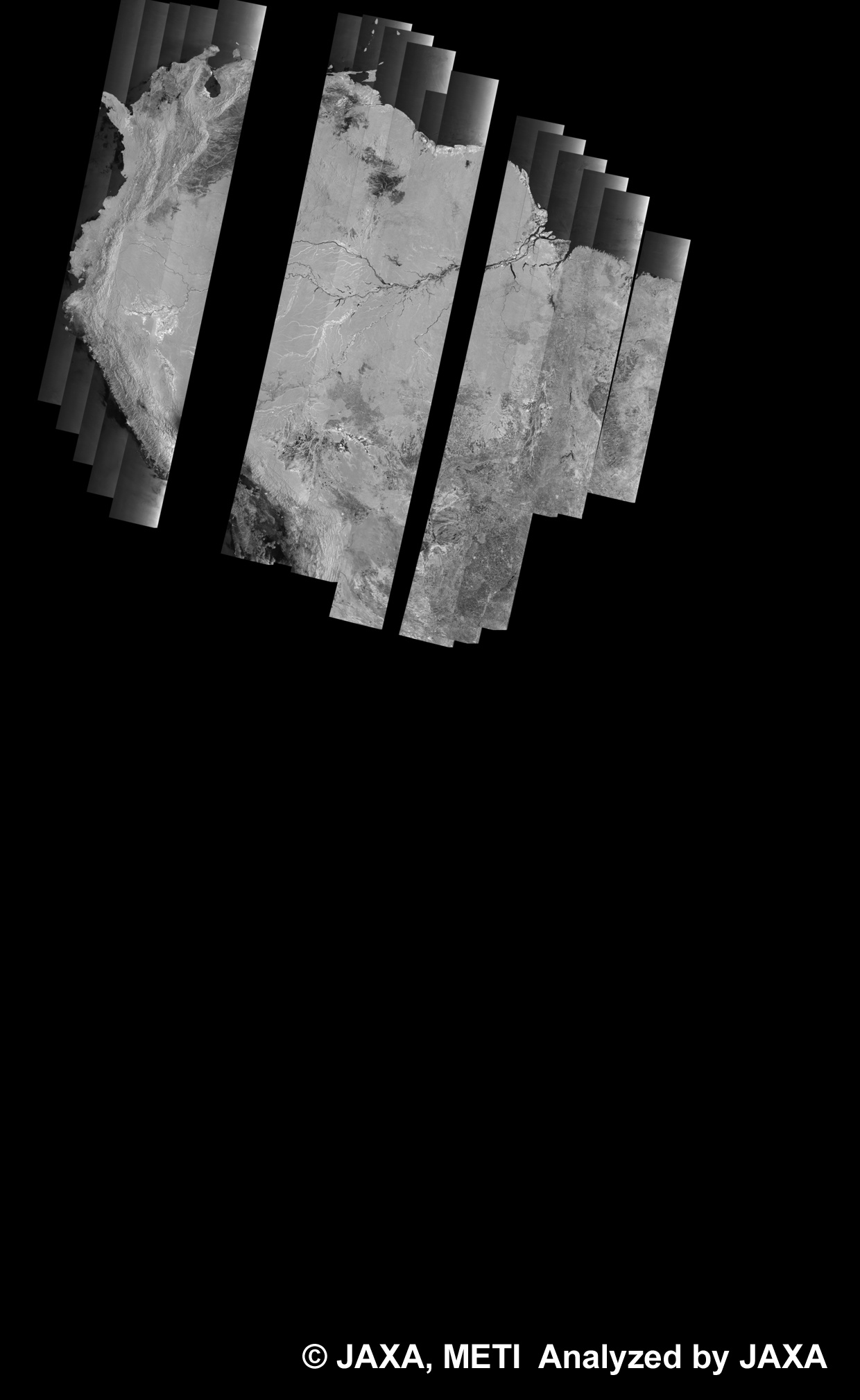 Fig. 11: PALSAR 500m Browse Mosaic (WB1/HH Descending) of SOUTH AMERICA for cycle42.