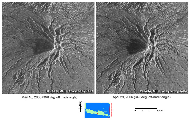 Fig 2: Mt. Merapi volcano, Indonesia observed by PALSAR