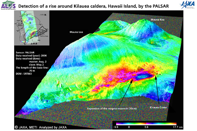This image shows the amount of diastrophism around Kilauea caldera, Hawaii Island, in a three-dimensional manner by the PALSAR's differential interferometoric processing.