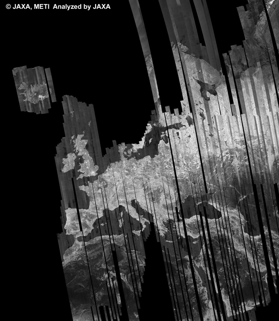 Fig. 11: PALSAR 500m Browse Mosaic (FBS/HH) of Europe for cycle34 (Mar. 15, 2010 ~ Apr. 29, 2010).