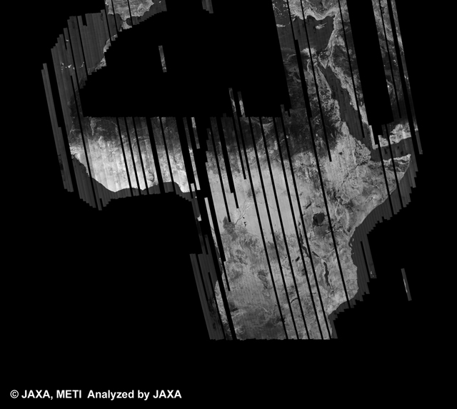 Fig. 1: PALSAR 500m Browse Mosaic (FBD/HH) of AFRICA for cycle36 (Jun. 15, 2010 ~ Jul. 30, 2010).