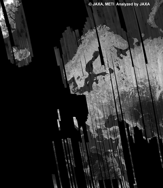 Fig. 11: PALSAR 500m Browse Mosaic (FBD/HH) of Europe for cycle37 (Jul. 31, 2010 ~ Sep. 14, 2010).