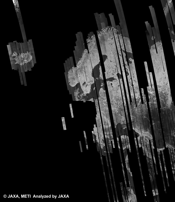 Fig. 10: PALSAR 500m Browse Mosaic (FBD/HH Ascending) of Europe for cycle38 (Sep. 15, 2010 ~ Oct. 30, 2010).