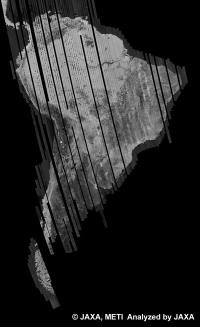 Fig. 13: PALSAR 500m Browse Mosaic (FBD/HH Ascending) of SOUTH AMERICA for cycle38 (Sep. 15, 2010 ~ Oct. 30, 2010).