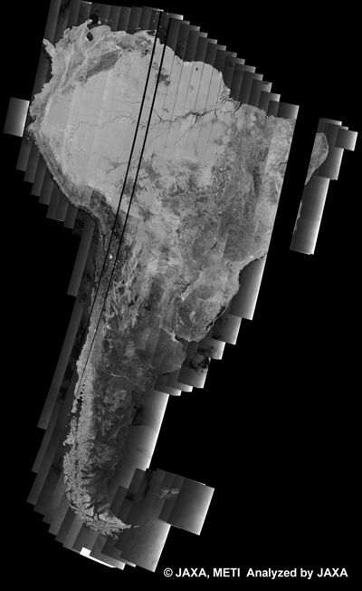 Fig. 15: PALSAR 500m Browse Mosaic (WB1/HH Descending) of SOUTH AMERICA for cycle38 (Sep. 15, 2010 ~ Oct. 30, 2010).