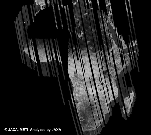 Fig. 1: PALSAR 500m Browse Mosaic (FBS/HH Ascending) of AFRICA for cycle41 (Jan. 31, 2011 ~ Mar. 17, 2011).