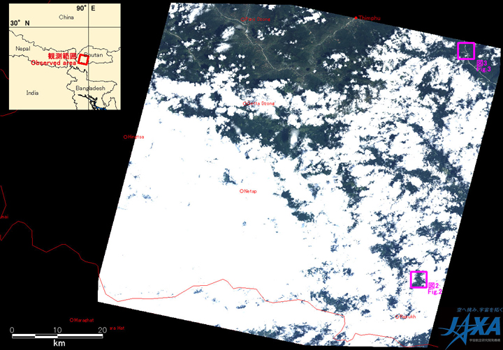 Fig. 1: AVNIR-2 image with -11 degrees pointing angle acquired on 13:54 (JST) on Jul. 25, 2010. Pink squares show locations of Figs. 2 to 3.