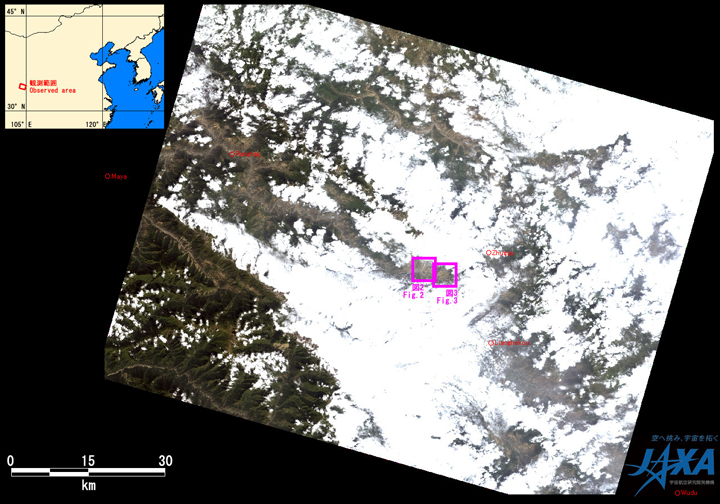 Fig.1: AVNIR-2 image with 31.0 degrees pointing angle acquired at 13:13 on August 10, 2010 (JST). Purple squares show location of Figs. 2 and 3.